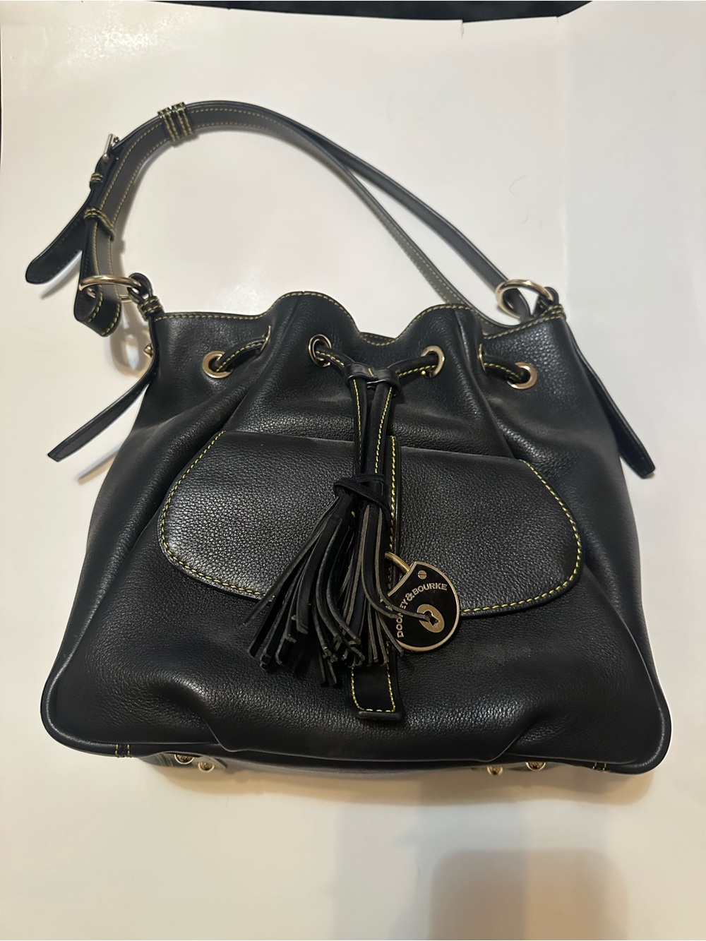 Dooney & Bourke NEW Black Leather Drawstring Shoulder Bag with Tassel